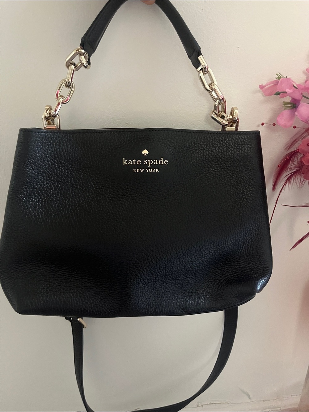 kate spade Black Leather Shoulder Bag with Gold Chain Accents